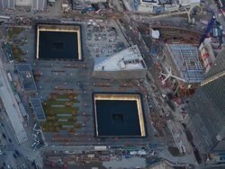 Aerial view of the 9/11 Memorial in New York City Stock Footage