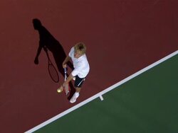 SLO MO, WS, HA, Young man serving tennis ball, Santa Barbara, California, USA Stock Footage