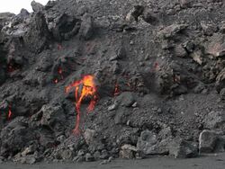 Lava and ash falling from the Fimmvorduhals region of the Icelandic volcano Eyjafjallajokull, April 2010 Stock Footage