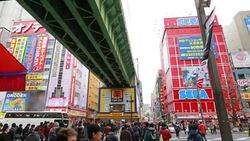 Crowds across road below colorful signs in Akihabara. The historic electronics district has evolved into a shopping area for video games, anime, manga, and computer goods. Stock Footage