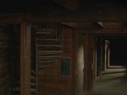 dolly jib arm shot of two dancers in wooden barn Stock Footage