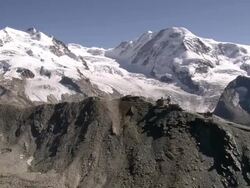WS AERIAL View of observatiry and railway with Monte Rosa, Gorner Glacier, Grenz Glacier and Lyskamm / Gornergrat, Valais, Switzerland Stock Footage
