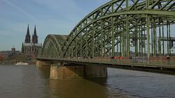 Rhine River,Hohenzollern Bridge with Cologne Cathedral, Cologne, North Rhine-Westphalia, Germany Stock Footage