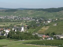 WS PAN View of village with vineyards / Krettnach near Konz, Rhineland-Palatinate, Germany Stock Footage