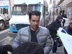 Colin Farrell (Winter's Tale) arrives at the Today show in Rockefeller Center & signs for and poses with fans Stock Footage