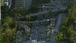 Ramps and overpasses cross the Harbor Freeway (Interstate 110) in Downtown Los Angeles. Stock Footage