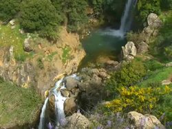 MS TU View of Saar waterfall at spring time with blooming mediterranean vegetation / Galilee, israel Stock Footage