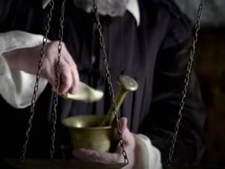 Nostradamus pours a substance from a scale into a pestle. Stock Footage