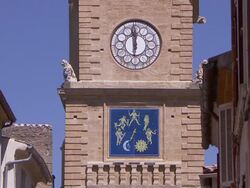 A clock tower features two different clock faces. Stock Footage