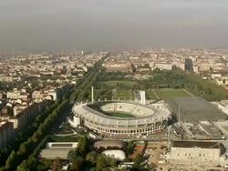 WS AERIAL ZI TD Shot of sports stadium in city / Piedmont, France Stock Footage
