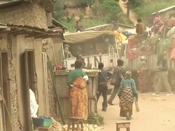 The UN truck reaches the village Stock Footage