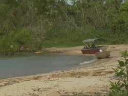Two speedboats on beach near mangroves, Australia Stock Footage