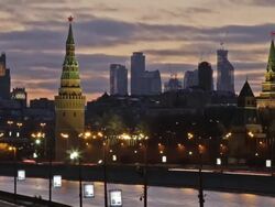  WS T/L View of Kremlin, city complex and buildings at night / Moscow, Russia Stock Footage