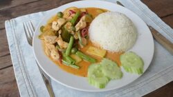 Fried chicken with curry souce and vegetables on rice Stock Footage