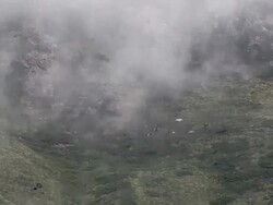 T/L Yak (Bos grunniens) train moving through the mist, Himalayas Stock Footage