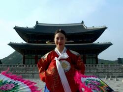 MS Lady in queen Dress standing behind Gyeongbokgung Palace / Seoul, South Korea  Stock Footage