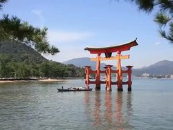 MS Tourist boats moving  near torii gate / Itsukushima, Hiroshima, Japan Stock Footage