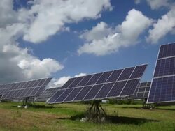 Solar Power Plant with Flexible Panels TL Tracking Shot Stock Footage