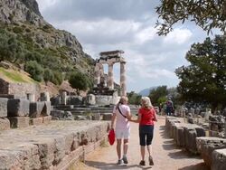 MS Shot of famous Greek Temple of Philosophy for Socrates Oracle of stone 3 4 / Delphi, Greece Stock Footage