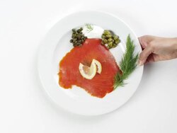 CU Woman hand entering setting down round white plate with raw salmon and capers / Omaha, Nebraska, United States Stock Footage