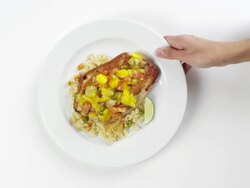 CU Woman hand entering setting down round white plate with grilled salmon, rice and mango salsa / Omaha, Nebraska, United States Stock Footage