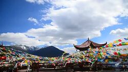 Tibetan Holy Prayer Flags on High Mountain in Yunnan, China Stock Footage
