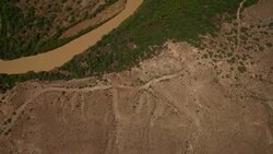 Birds eye Rio Grande River from Big Bend National Park Texas over to Mexico Stock Footage