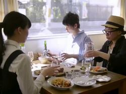 MS Shot of Friends good terms are enjoying lunch at cafÃƒÂ©, talking with each other / Kyoto, Japan Stock Footage