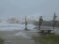 Hurricane Storm Surge Waves Crash Over Sea Wall Stock Footage