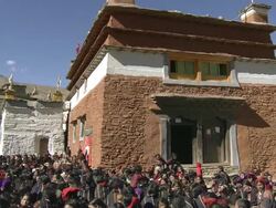 MS Lama praying at saldang gompa monastery at tibetan buddhist ceremony / Saldang village, High Himalayas, Upper Dolpo near Tibetan border, Nepal   Stock Footage
