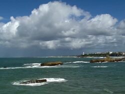 LOW AERIAL, Seafront hotels at Biarritz, Aquitaine, France Stock Footage