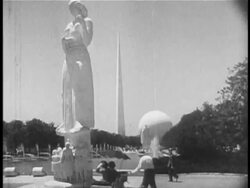 B/W 1940 low angle one of the Statues of the Four Freedoms at New York World's Fair / travelogue Stock Footage