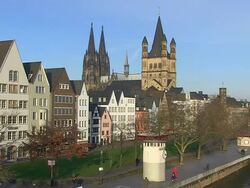 WS View of Frankenwerft, church Gross St. Martin and Dom (Cathedral) / Cologne, North Rhine Westphalia, Germany Stock Footage