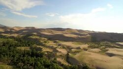 Flying over forrest tilt up to reveal The Great Sand Dunes Stock Footage