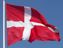 CU SLO MO Denmark flag waving in wind / Caen, Normandy, France Stock Footage