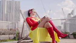 Superhero listening to headphones on city rooftop Stock Footage