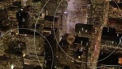 data stream symbolizing global network connection. numbers statistics background. city business district Stock Footage