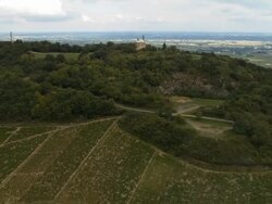 AERIAL WS Notre Dame de Brouilly chapel atop Mount Brouilly / Brouilly, France Stock Footage