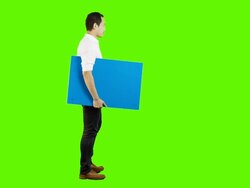 Young asian man holding a blank signboard,Blue screen. Stock Footage