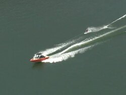 MS AERIAL ZI ZO TS Man waterskiing at Namyangju / Namnyangju, Gyeonggido, South Korea Stock Footage
