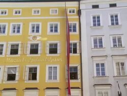 PAN Birthplace of Wolfgang Amadeus Mozart in Salzburg Stock Footage