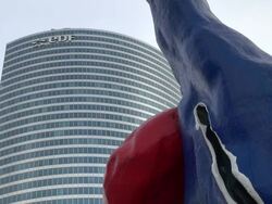 MS Shot of EDF Building at La Defense / Paris, Ile de France, France Stock Footage