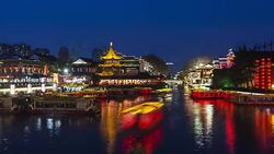 Nanjing Confucius Temple and boat on the River Stock Footage