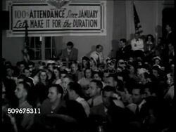 1943: WWII INDUSTRY: Jack & Heintz Precision Industries employees in banquet room trimmed w/ banner 'Production in 1943 Depends on You' Bill Jack speaking to workers, SOT saying sitting aside trust fund, servicemen will get jobs back, women back home Instructional Video