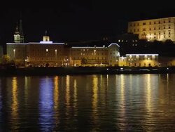 MS PAN Danube River with Linz Castle on hill seen from the northern (Urfahr) bank of the Danube Stock Footage