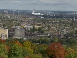 Zoom Back Montreal Sky Line With Olympic Stadium  Stock Footage