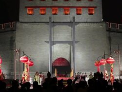 MS Ancient rituals to welcome the guests in front of city wall/xian,shaanxi,China Stock Footage