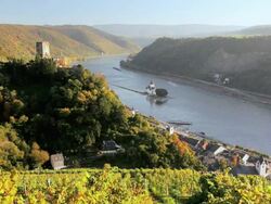 WS Castle Gutenfels overlooking valley town and river / Kaub, Rhineland-Palatinate, Germany Stock Footage