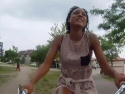 MS POV Two young girls having fun and riding bicycles in urban area near lake and inside park / Minneapolis, Minnesota, United States Stock Footage