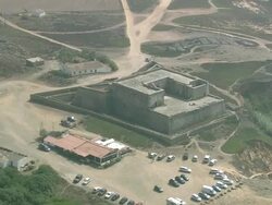 AERIAL WS ZO Forte do Pessegueiro fortress / Sines, Setubal, Portugal Stock Footage